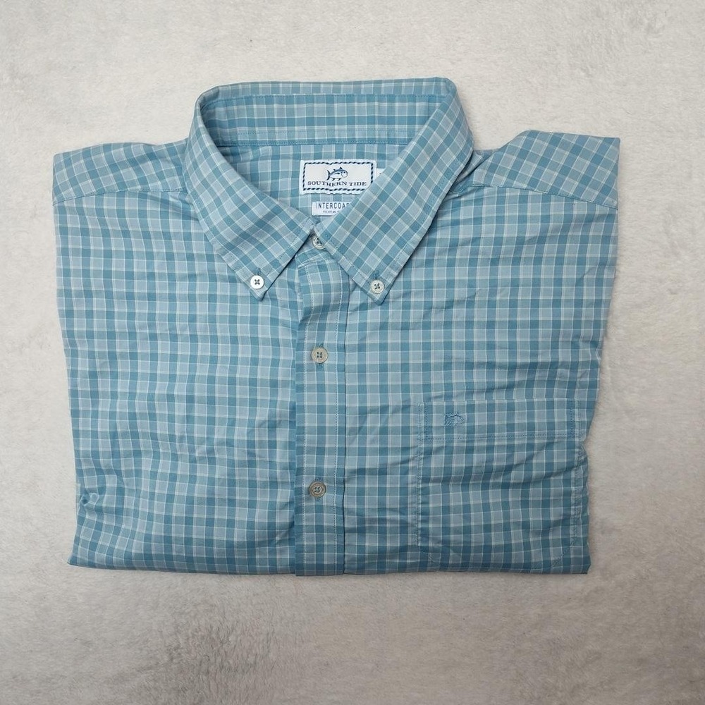 Southern Tide Shirt Mens XL Blue Check Long Sleeve Button Up Intercoastal Tech